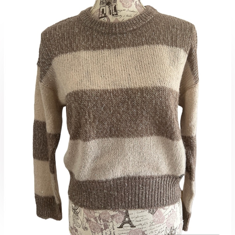 🌸GUESS Lorraine Tan and White Striped Sparkle Sweater
